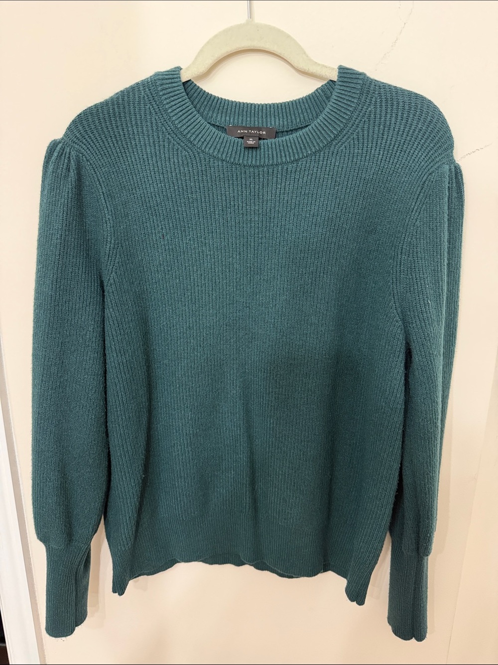 Ann Taylor Teal Crewneck Sweater with Subtle Shoulder Gathers